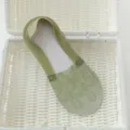 Women green lace boat socks summer thin invisible non-slip low cut mesh socks cotton bottom - Green