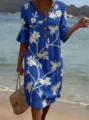 Blue floral embroidered V-neck linen cotton casual dress with wooden buttons for summer. - Royal Blue Coconut Print