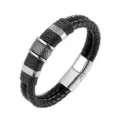 Brazalete de hombre multicapa de cuero trenzado y acero inoxidable, detalle de joya elegante. - 19cm / Acero y Cuero Negro