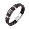 Vista detallada de la pulsera trenzada de cuero para hombre con detalles metalicos. - 19cm / Acero y Cuero Marrón