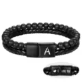 Pulsera doble hombre piedra volcánica negra y cuero trenzado con cierre magnético personalizado - Letra A