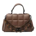 Trendy brown quilted shoulder bag with top handle and stylish chain strap for daily use. - Khaki