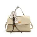 Chic off-white women handbag with polka dot scarf stylish daily shoulder cross body bag - White