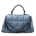 Light blue quilted shoulder bag, stylish grid PU leather handbag with chic chain decoration. - Blue