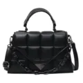 Black quilted leather handbag with chain strap, stylish trendy cross-body square bag. - Black