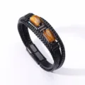 Pulsera de cuero trenzado multicapa para hombre con piedras de ojo de tigre y cierre magnético. - Pulseras magnéticas de doble ojo de tigre / 7,5 Pulgadas