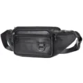 Black leather fanny pack multi-pocket chest bag casual waist bag for men daily streetwear - Black Plain