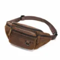 Vintage genuine leather chest bag for men, multi-zipper waist pack with adjustable strap. - Crazy Horse Coffee