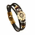 Multi-layer braided leather bracelet with Leo zodiac sign metal charm for couple jewelry - Leo / 22.5cm