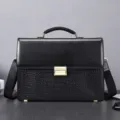 Borsa da lavoro in pelle nera da uomo, valigetta per documenti grande capacità - Goffrato Nero