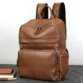 Bruine leren rugzak voor heren, casual zakelijke laptop schooltas met ritssluitingen. - Bruin