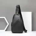 Black leather mens sling bag casual chest pack crossbody daypack with adjustable strap. - 7408 Black