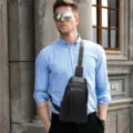 Borsa a Tracolla da Petto in Pelle Nera per Uomo, Zainetto Monospalla in Vera Pelle - 707 Nero