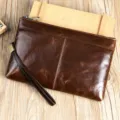 Sac pochette homme en cuir véritable marron foncé bracelet grand portemonnaie zippé - Café huilé