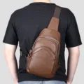 Men genuine leather sling bag chest pack casual crossbody shoulder bag brown color daily use - Red Brown
