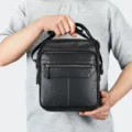 Borsa a Tracolla in Vera Pelle da Uomo Borsa Nera Messenger Multi-Tasche Casual Business - 6191 / Grande formato / Nero