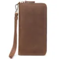 Men's brown leather long wallet vintage clutch bag with wrist strap and metal zipper closure for business - Coffee