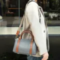 Genuine leather women shoulder bag, chic grey and brown pillow handbag with wide woven strap. - Grey Blue