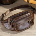 Vintage genuine leather fanny pack for men, multi-pocket chest bag and stylish waist bag. - Oil Coffee
