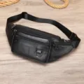 Black leather fanny pack for men, multi-pocket waist bag and casual chest bag with adjustable strap. - Black