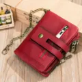 Portafoglio uomo in vera pelle rossa con catena metallica cerniera vintage elegante - Rosso