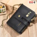 Portafoglio uomo in pelle nera con catena, protezione RFID, scomparti multipli e zip di sicurezza. - Nero