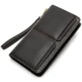 Cartera larga hombre de piel auténtica marrón oscuro doble bolsillo clutch con ranuras tarjetas. - Café