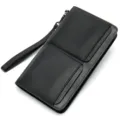 Monedero largo de cuero genuino negro para hombre, embrague de doble bolsillo y tarjetero. - Negro