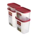 Clear plastic food storage containers set with red lids for kitchen fridge organization. - 2116 / Brick Red