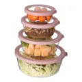 Clear round food storage containers set of 4 with pink lids stacked neatly for kitchen - Pink