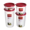 4-piece round plastic food storage containers set with red lids for kitchen pantry fridge. - 2118 / Brick Red