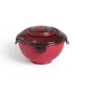 Red portable microwave-safe plastic instant noodle bowl with lid, handle and secure latches. - Red