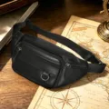 Black genuine leather mens waist bag chest pack casual multi-pocket sling fanny pack. - 9044 Vegetable Tanned Leather Black