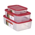 Clear plastic food storage container 3-piece set with red airtight lids for fridge organization - 2111 3-Piece Set
