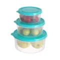 Clear plastic food storage container 3-piece set with turquoise lids for kitchen organization. - 2042 3-Piece Set