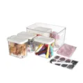 Clear plastic desktop storage box set with white lids, stackable organizer for sundries and toys. - Four-Piece Set / Silver Clasp