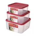 Set of 3 clear plastic food storage containers with red airtight lids for kitchen organization. - Three-Piece Set / Transparent Red