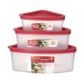 Triangle plastic food storage container set with red lids for kitchen fridge preservation. - 2121 3-Piece Set / Brick Red