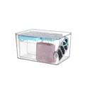 Clear plastic desktop storage box with lidded design and blue handles, ideal for organizing. - Single / Sky Blue Buckle