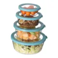 Round clear food storage container set of four with teal lids for kitchen organization. - Blue