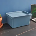 Blue plastic storage box with lid, home organizer container for clothes and toys. - Dusty Blue