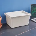 Plastic storage box with lid, home organizer bin for clothes and sundries, beige color. - Off White