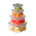 Multi-size clear plastic food storage containers set stackable kitchen organizer for fridge. - 1266 Square 4-Piece Set / Clear