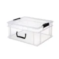 Transparent plastic storage box with secure lid and handles for household organization. - Clear
