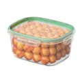 Clear plastic food storage container with green lid and fruit inside for kitchen organization - ZG-218-L