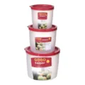 Round Plastic Food Storage Container 3-Piece Set with Red Lids Clear Fridge Organizer - 2117 3-Piece Set / Brick Red
