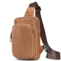 Brown genuine leather chest bag for men, multi-zipper stylish sling shoulder crossbody bag. - Brown