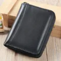 Porte-monnaie et étui de carte zippés en cuir véritable noir pour un usage quotidien. - 7" / Noir Lisse