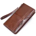 Cartera larga de cuero marrón para hombre con correa de muñeca y múltiples ranuras - Marrón petróleo