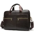 Men brown leather business briefcase laptop messenger bag with adjustable shoulder strap - Dark Coffee